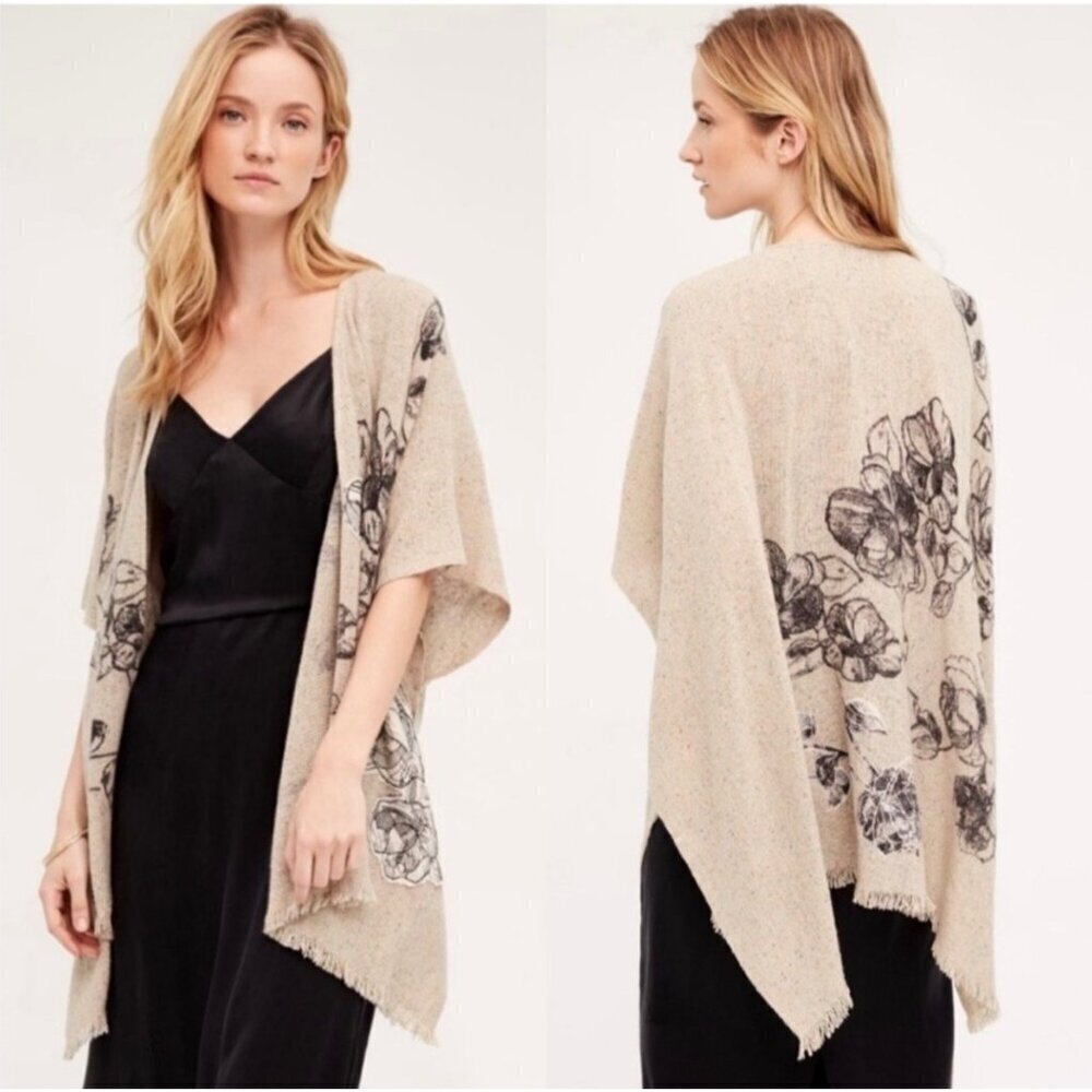 Anthropologie Petanu Floral Applique Kimono One Size Cashmere Wool Silk Sweater